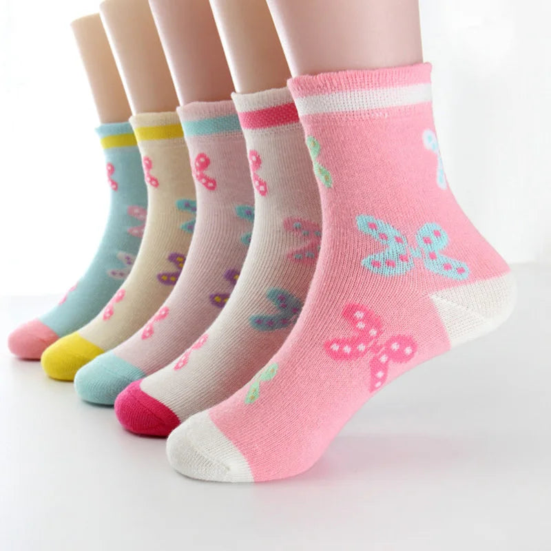 5 pairs/lot Spring Autumn High Quality Girls Socks Cotton Butterfly Candy Color Socks For Girls 3- 12 Year Children Socks