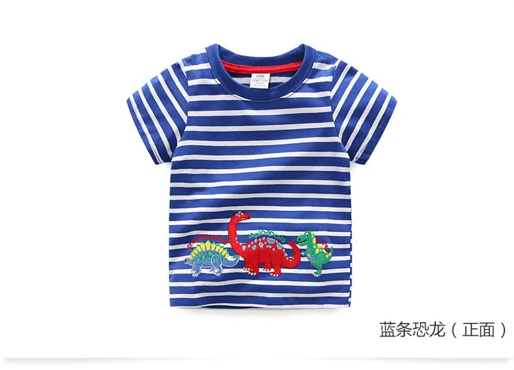 2025 Summer 2 3 4 5 6 8 10 Children's Clothing Dinosaur Car Stripe Print Short Sleeve Cotton Basic Tops Kids Boy Cartoon T-Shirt