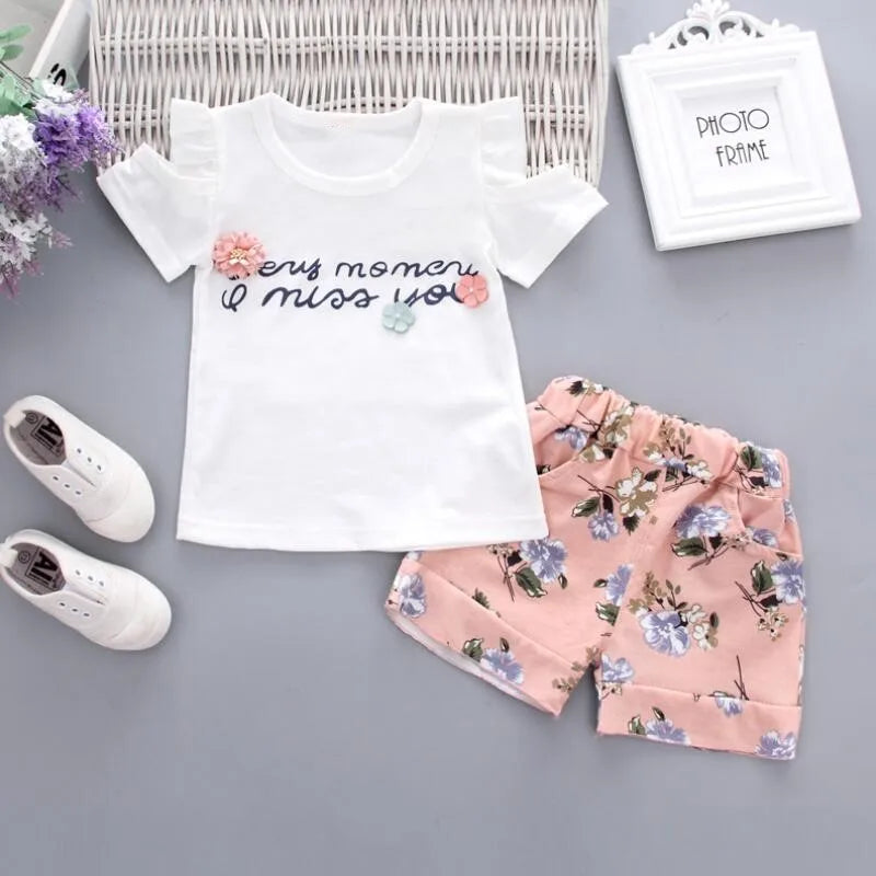 Baby Girls Clothes Floral Printed Short Sleeve Strapless T-shirt+Pant 2Pcs Girl Set Kid Outfit Lady Suit Princess Child set A293