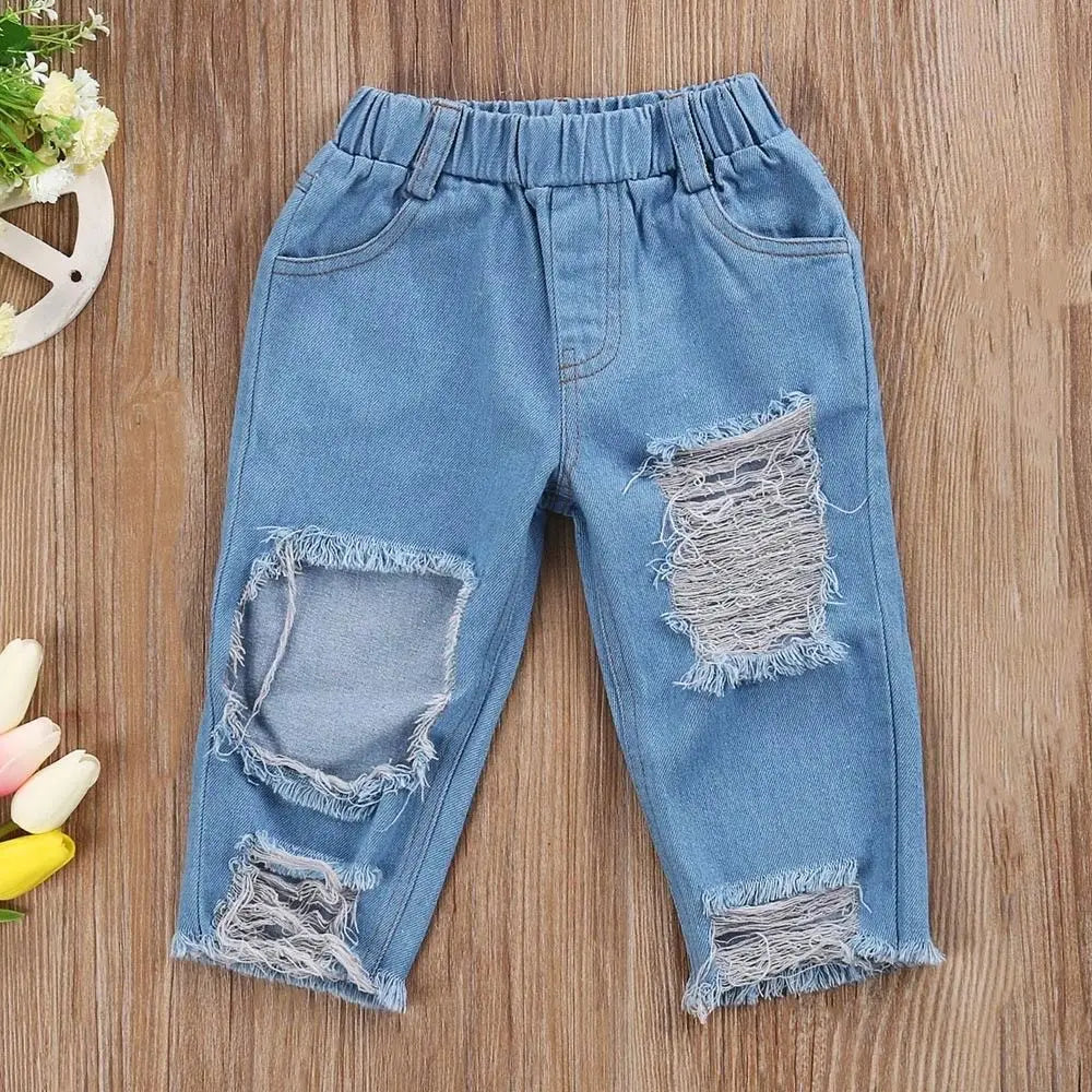 2025 New Brand Toddler Infant Child Girl Kids Off Shoulder Tops Denim Pants Jeans Outfits Headband 3Pcs Set Fashion Clothes 1-6Y