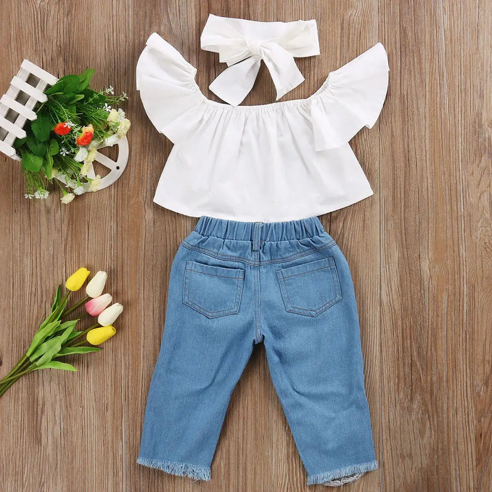 2025 New Brand Toddler Infant Child Girl Kids Off Shoulder Tops Denim Pants Jeans Outfits Headband 3Pcs Set Fashion Clothes 1-6Y