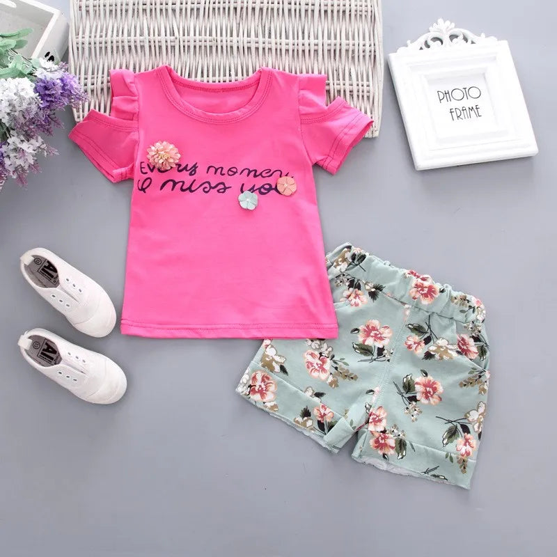 Baby Girls Clothes Floral Printed Short Sleeve Strapless T-shirt+Pant 2Pcs Girl Set Kid Outfit Lady Suit Princess Child set A293