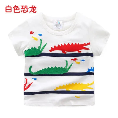 2025 Summer 2 3 4 5 6 8 10 Children's Clothing Dinosaur Car Stripe Print Short Sleeve Cotton Basic Tops Kids Boy Cartoon T-Shirt