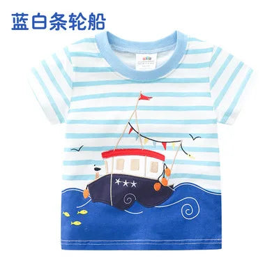 2025 Summer 2 3 4 5 6 8 10 Children's Clothing Dinosaur Car Stripe Print Short Sleeve Cotton Basic Tops Kids Boy Cartoon T-Shirt