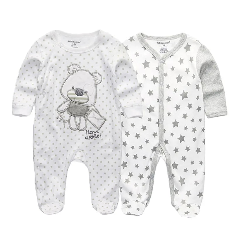 Kiddiezoom 2 Pcs Unisex 0-12Months Cartoon Long Sleeve Baby Boys Girl Romper 100%Cotton Soft Newborn Jumpsuit Infant Clothes