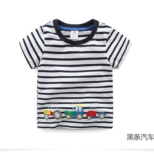 2025 Summer 2 3 4 5 6 8 10 Children's Clothing Dinosaur Car Stripe Print Short Sleeve Cotton Basic Tops Kids Boy Cartoon T-Shirt