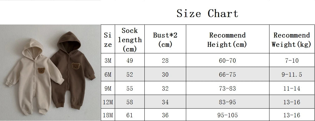 Ready Stock Newborn Baby Clothes Winter Baby Jumpsuit Bear Cute Hooded Baby Bodysuit Warm 0-2 Years Old
