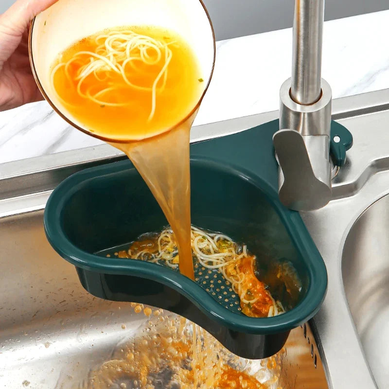 Triangular Draining Rack - Kitchen Sink Organizer with Faucet Space, Hanging Basket & Filter Net for Dish Drying!