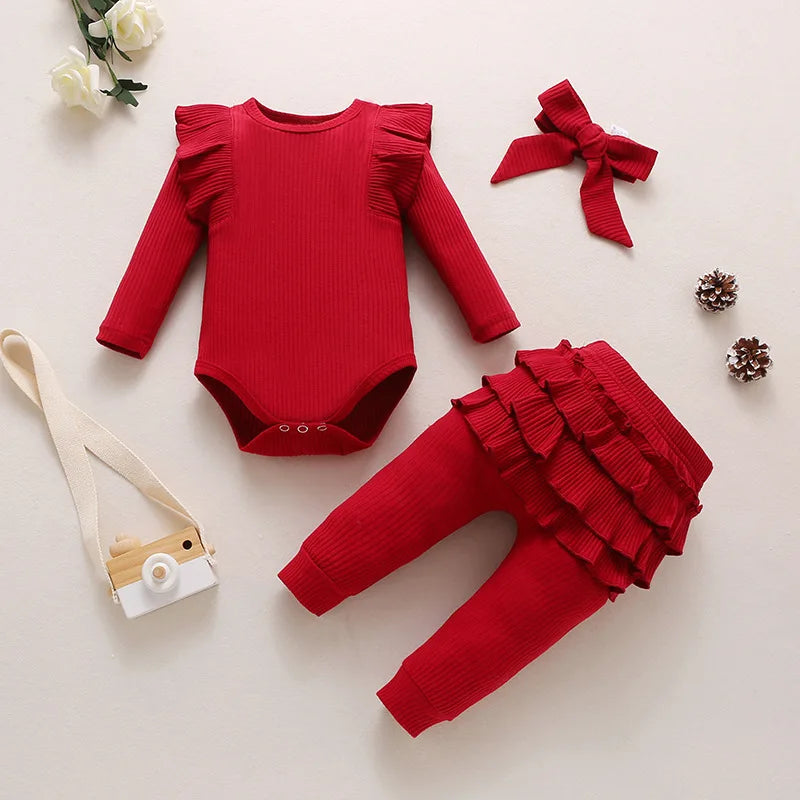 Newborn Baby Girls Clothes Infant Long Sleeve Ruffle Romper Bodysuits+Pants+Bow Headband 3Pcs Suit Children Toddler Outfit A422