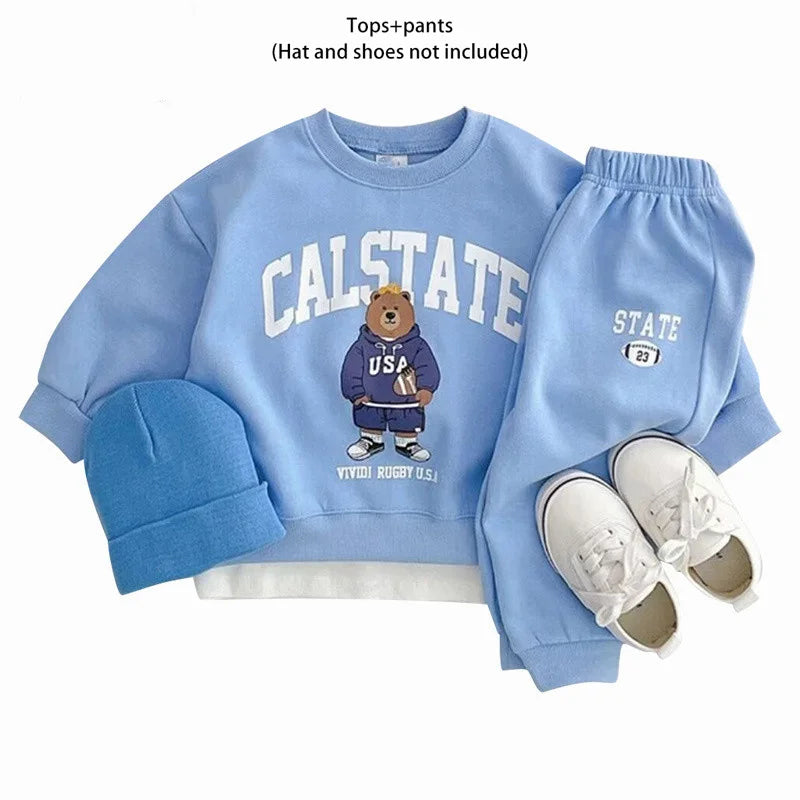 Fashion girls Toddler Baby Korea Clothing Fall Clothes Sets Baby Boys Set Kids Sports Bear Sweatshirt Pants 2Pcs 2 to 8 year