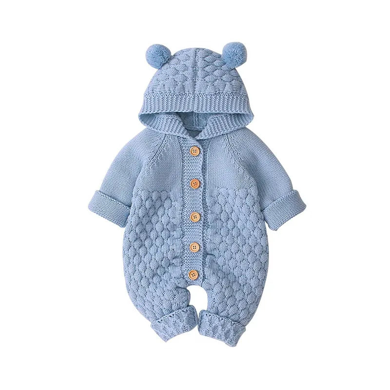 0-24months Newborn Winter Hooded Romper Long Sleeve Knitted Solid Color Jumpsuit For Infant Boys And Girls Knitted Long Playsuit