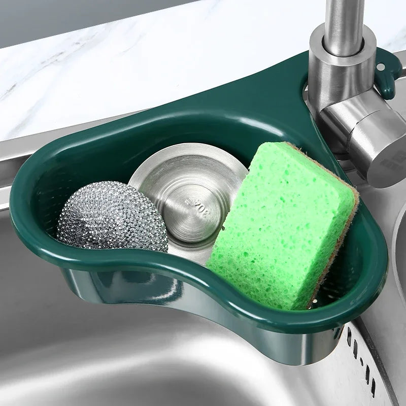 Triangular Draining Rack - Kitchen Sink Organizer with Faucet Space, Hanging Basket & Filter Net for Dish Drying!