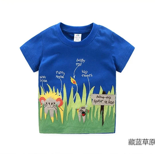 2025 Summer 2 3 4 5 6 8 10 Children's Clothing Dinosaur Car Stripe Print Short Sleeve Cotton Basic Tops Kids Boy Cartoon T-Shirt