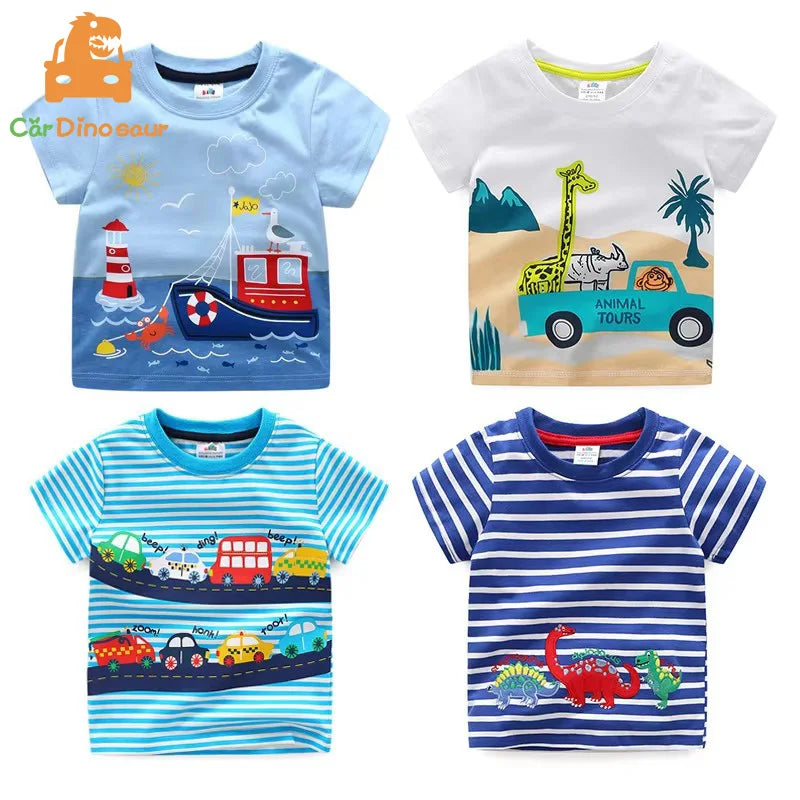 2025 Summer 2 3 4 5 6 8 10 Children's Clothing Dinosaur Car Stripe Print Short Sleeve Cotton Basic Tops Kids Boy Cartoon T-Shirt