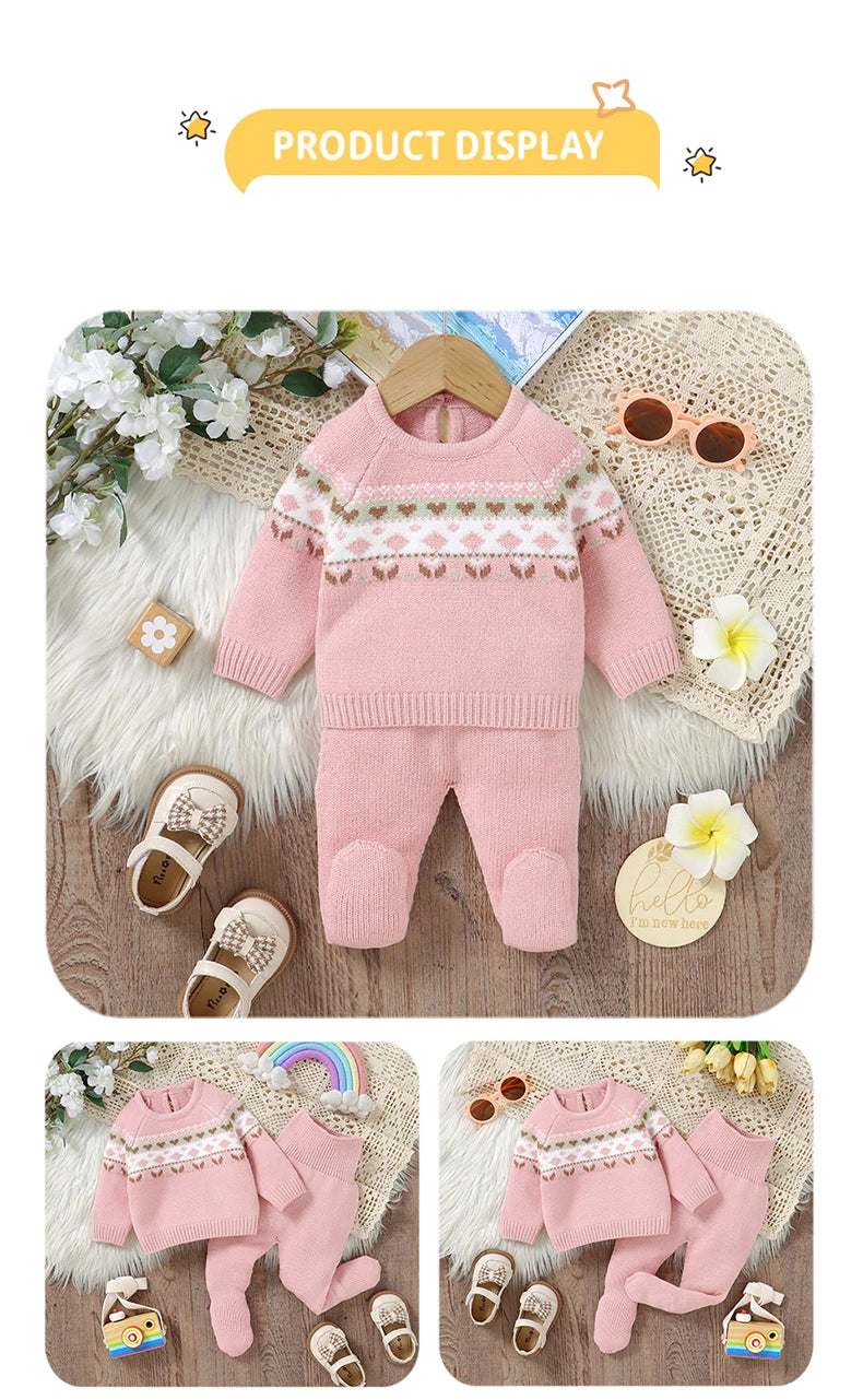Baby Clothes Set Knitted Infant Sweater Long Sleeve +Pants Foot Wrap Warm 2pc Newborn Girl Pullover +Trousers Fashion Solid 0-9M