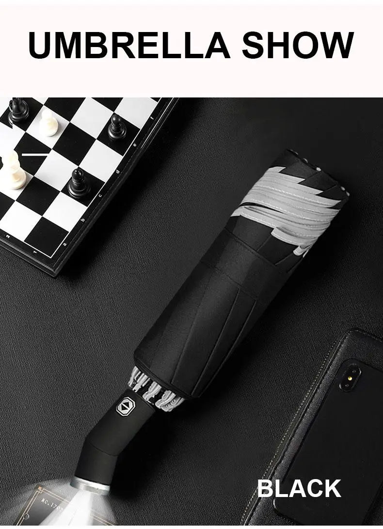 Windproof Automatic Umbrella With LED Flashlight Reflective Stripe Reverse Light Umbrellas Rain Men Women Large Folding Parasol
