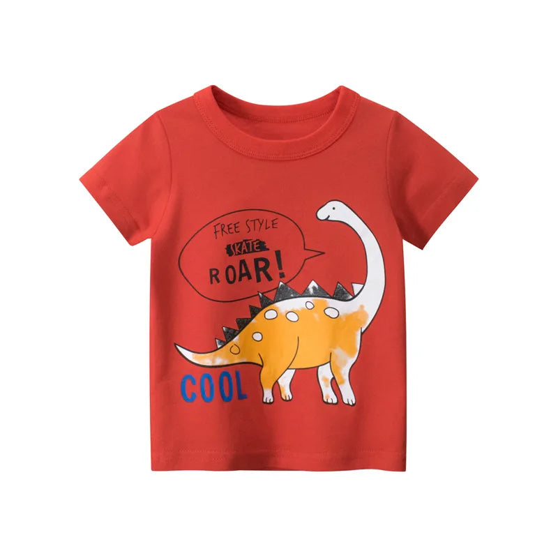 2025 Summer 2 3 4 5 6 8 10 Children's Clothing Dinosaur Car Stripe Print Short Sleeve Cotton Basic Tops Kids Boy Cartoon T-Shirt