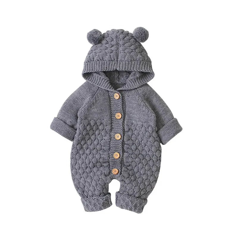 0-24months Newborn Winter Hooded Romper Long Sleeve Knitted Solid Color Jumpsuit For Infant Boys And Girls Knitted Long Playsuit