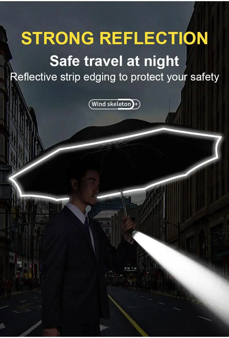 Windproof Automatic Umbrella With LED Flashlight Reflective Stripe Reverse Light Umbrellas Rain Men Women Large Folding Parasol