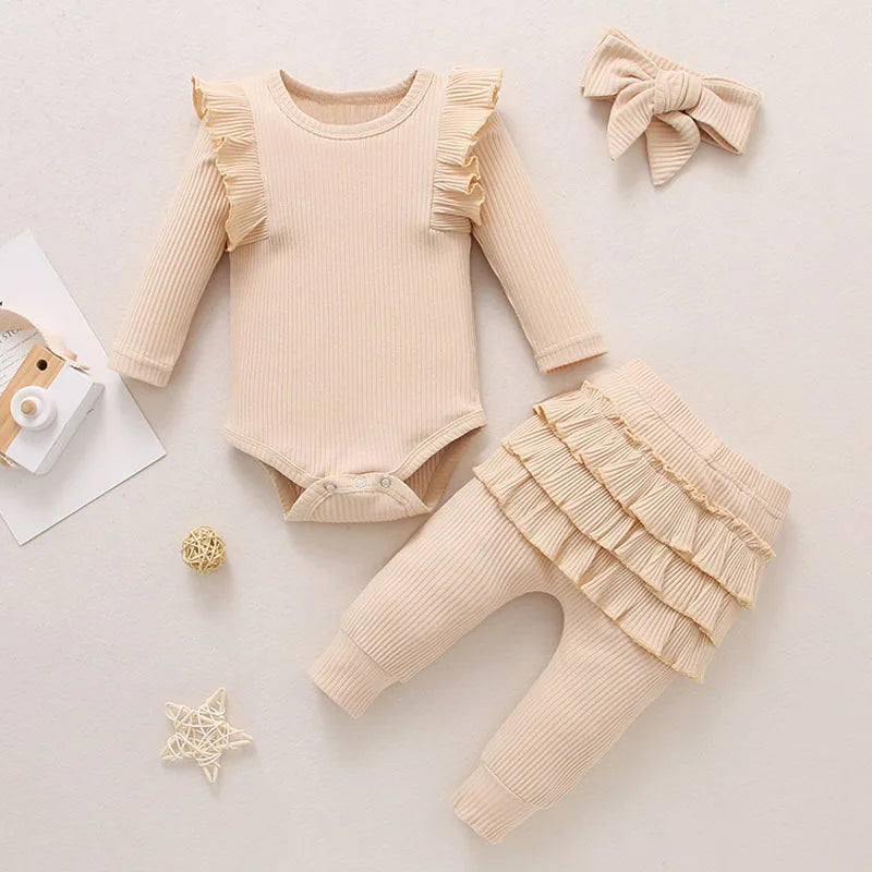 Newborn Baby Girls Clothes Infant Long Sleeve Ruffle Romper Bodysuits+Pants+Bow Headband 3Pcs Suit Children Toddler Outfit A422