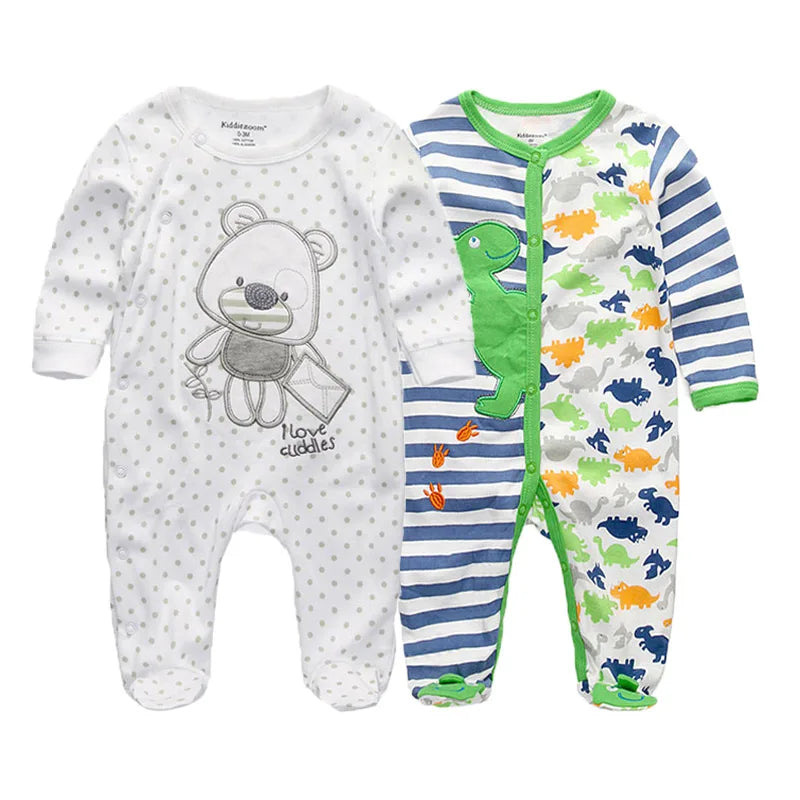 Kiddiezoom 2 Pcs Unisex 0-12Months Cartoon Long Sleeve Baby Boys Girl Romper 100%Cotton Soft Newborn Jumpsuit Infant Clothes