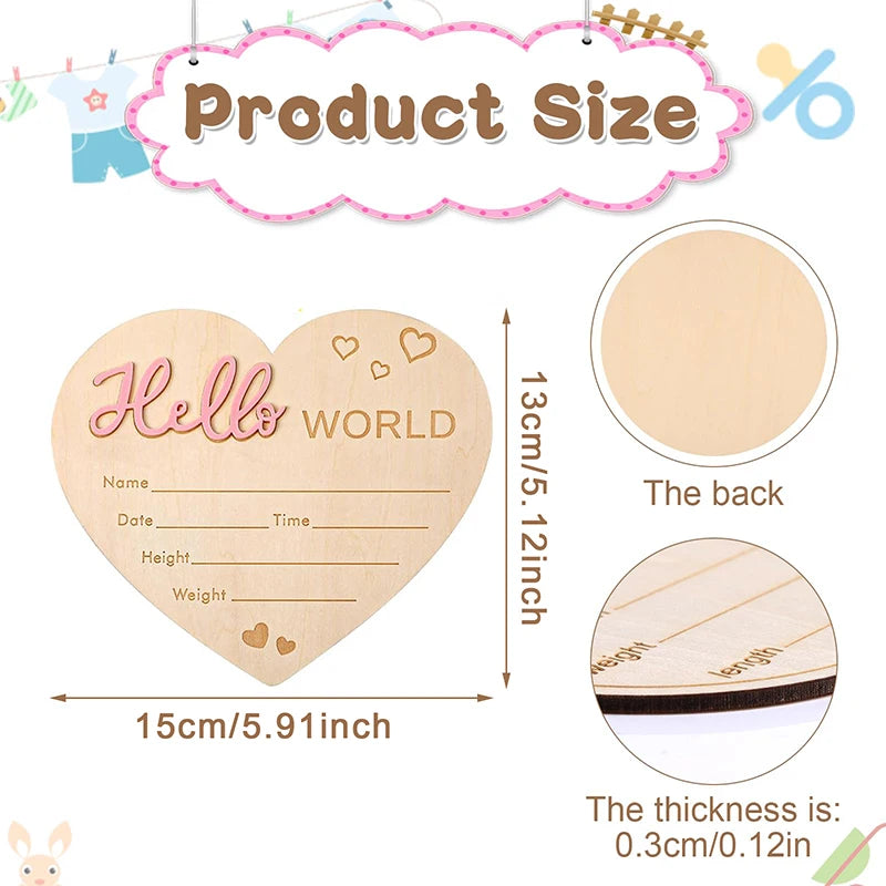 Baby Announcement Sign, Wooden Heart Shape Hello World Newborn Signs, Pen And Pad, Birth Announcement Sign
