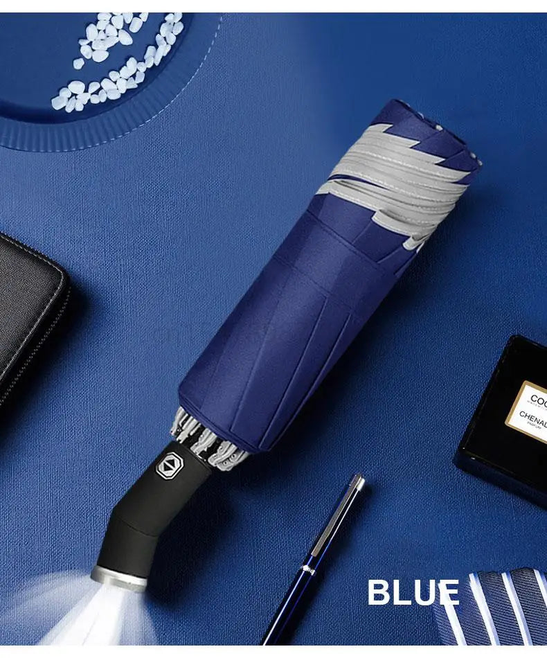Windproof Automatic Umbrella With LED Flashlight Reflective Stripe Reverse Light Umbrellas Rain Men Women Large Folding Parasol