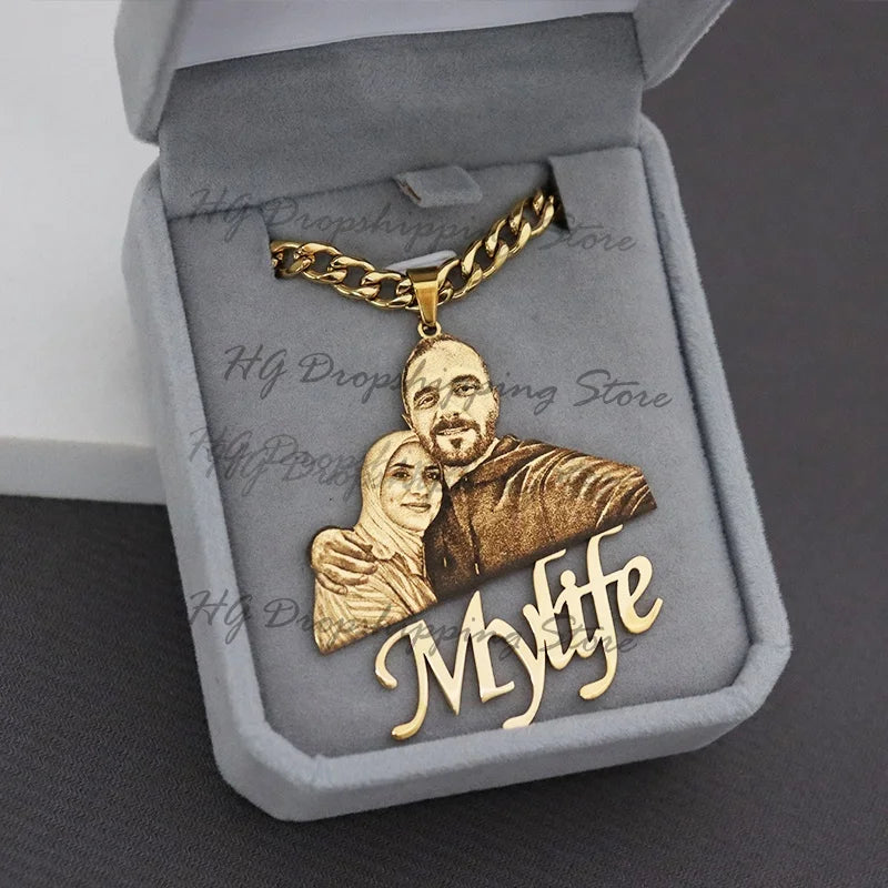 Custom Picture Nameplate Pendant Custom Photo Necklace Engraved Portrait Necklace Christmas Gift for Kids Jewelry Family Gifts
