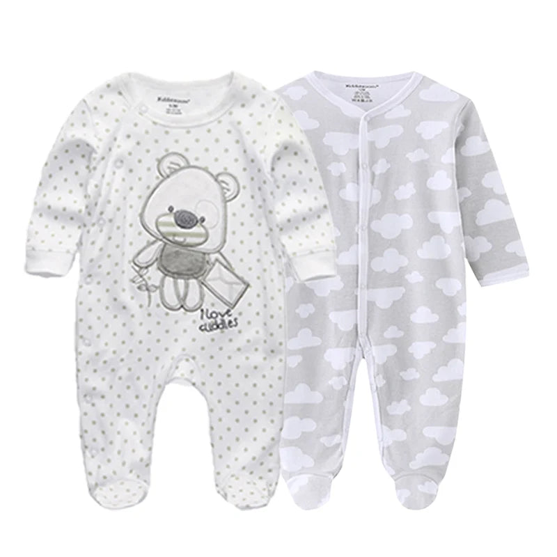 Kiddiezoom 2 Pcs Unisex 0-12Months Cartoon Long Sleeve Baby Boys Girl Romper 100%Cotton Soft Newborn Jumpsuit Infant Clothes