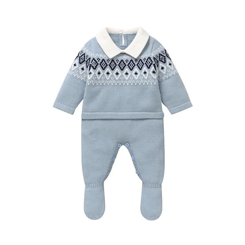 Baby Rompers Fashion Geometry Newborn Boys Jumpsuit Knitted Infant Kid Clothing 0-9M Turn-down Long Sleeve Foot Wrap Autumn Warm