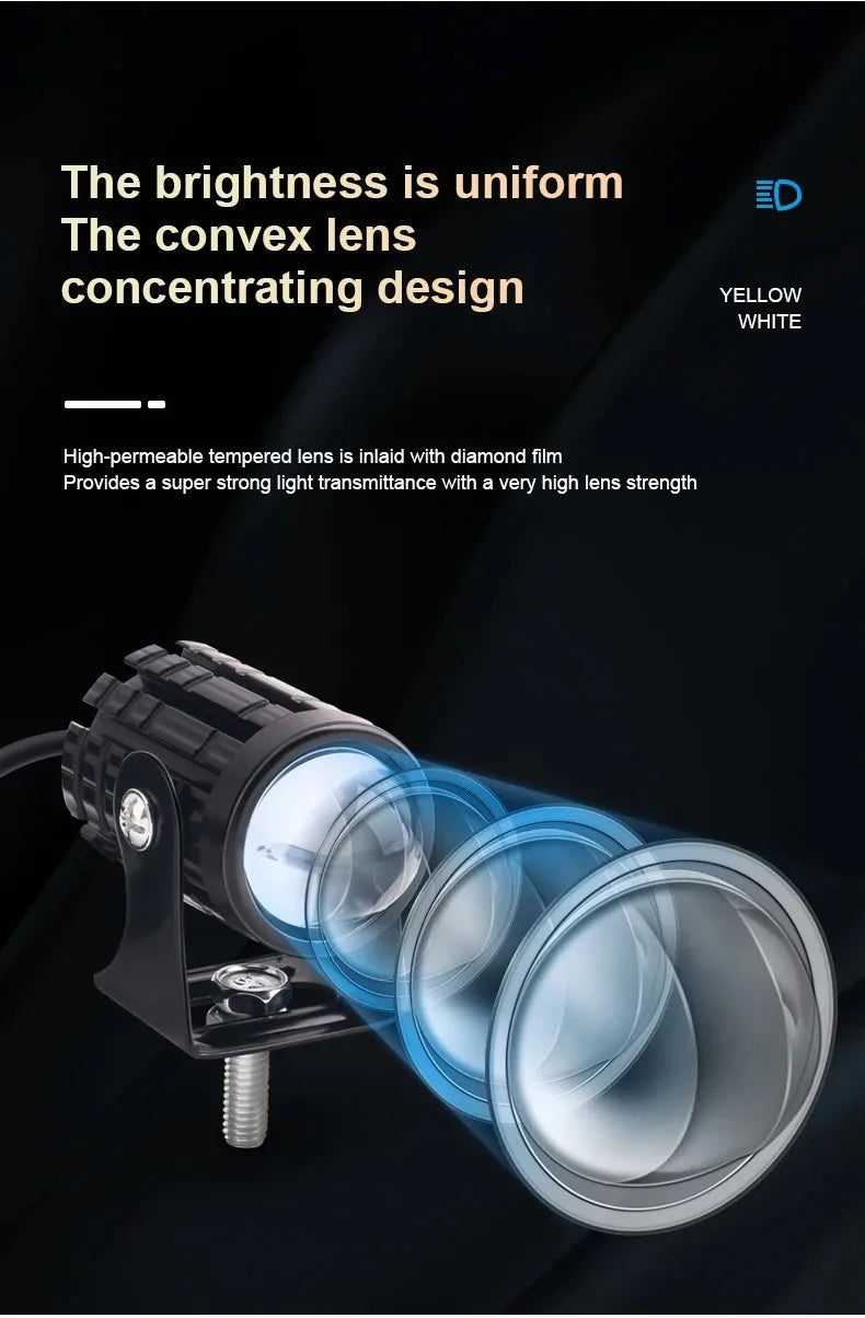 Universal Motorcycle LED Headlight Projector Lens Dual Color ATV Scooter Driving Lamp Fog Light Auxiliary Spotlight Lamp