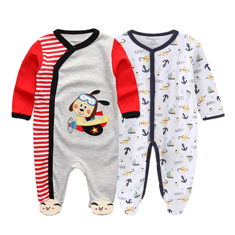 Kiddiezoom 2 Pcs Unisex 0-12Months Cartoon Long Sleeve Baby Boys Girl Romper 100%Cotton Soft Newborn Jumpsuit Infant Clothes