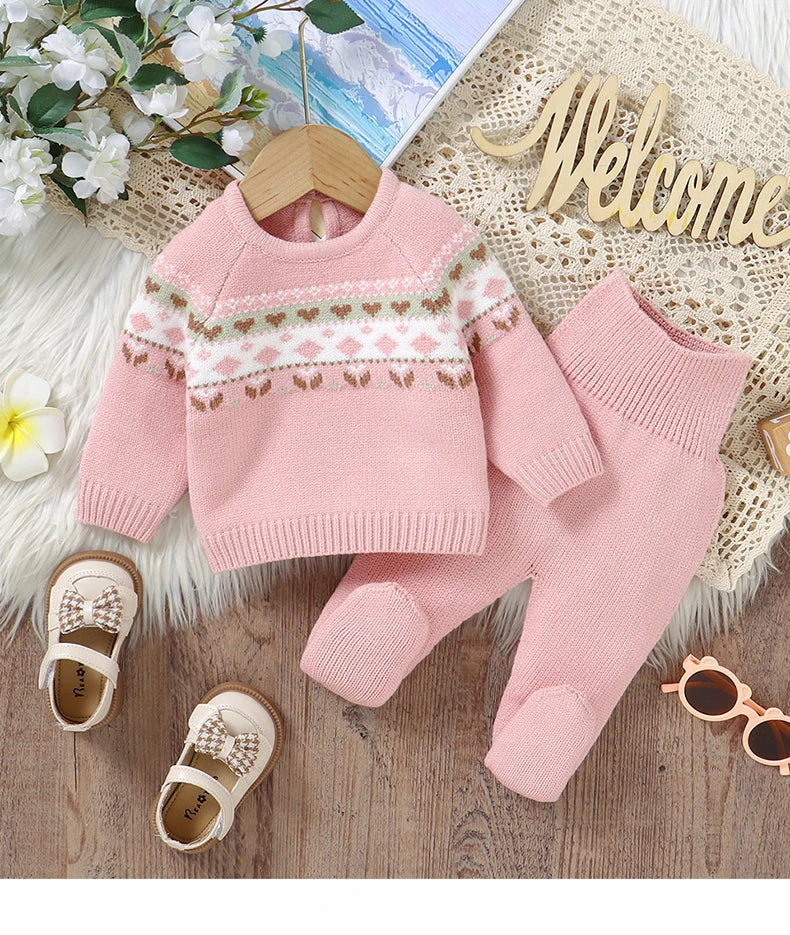 Baby Clothes Set Knitted Infant Sweater Long Sleeve +Pants Foot Wrap Warm 2pc Newborn Girl Pullover +Trousers Fashion Solid 0-9M