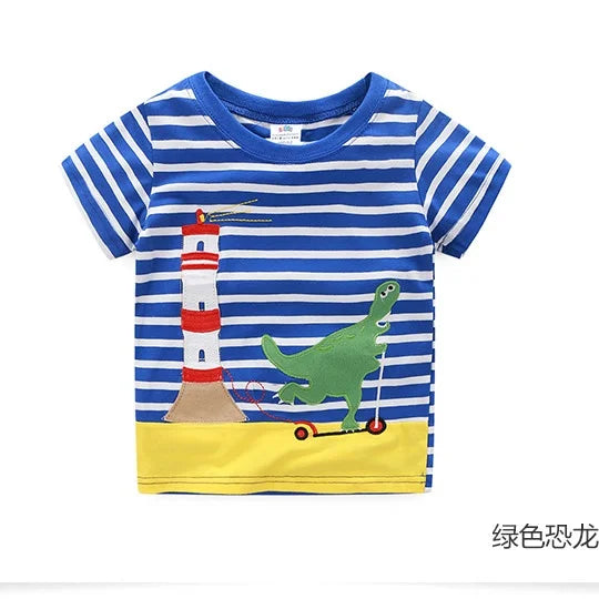 2025 Summer 2 3 4 5 6 8 10 Children's Clothing Dinosaur Car Stripe Print Short Sleeve Cotton Basic Tops Kids Boy Cartoon T-Shirt