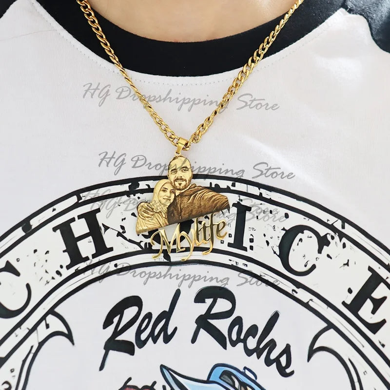Custom Picture Nameplate Pendant Custom Photo Necklace Engraved Portrait Necklace Christmas Gift for Kids Jewelry Family Gifts