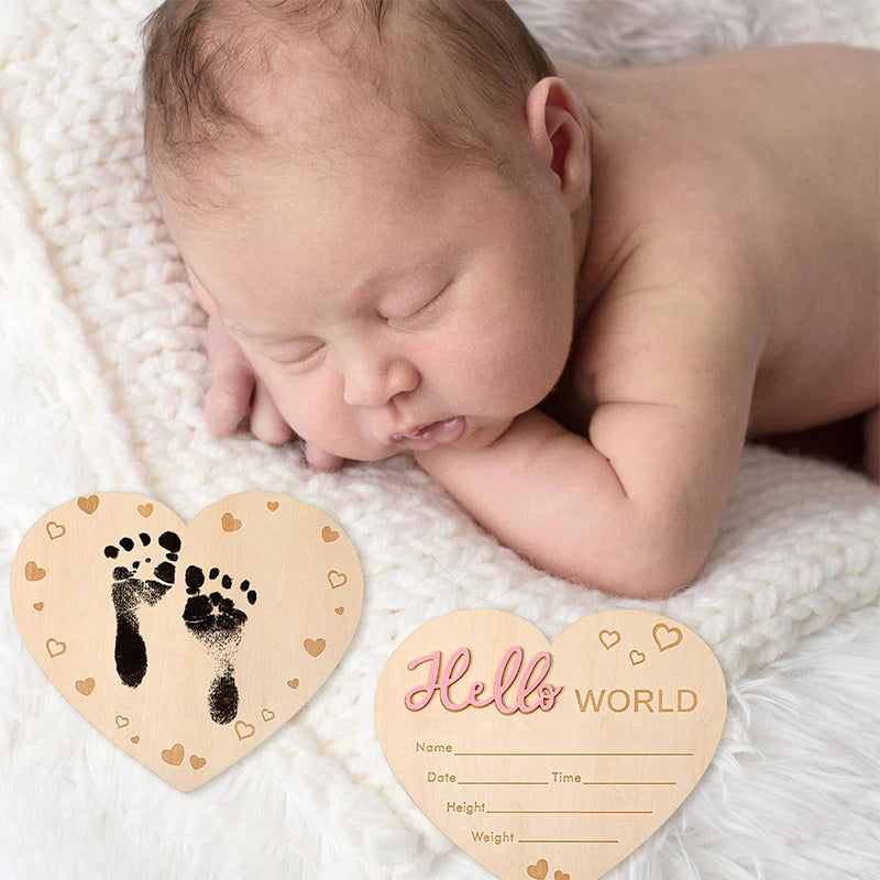 Baby Announcement Sign, Wooden Heart Shape Hello World Newborn Signs, Pen And Pad, Birth Announcement Sign