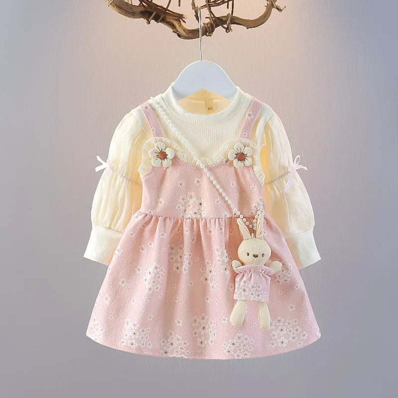Baby clothes 1-6 years old girls long-sleeved floral skirt spring and autumn new sweet and cute fake two-piece casual dress