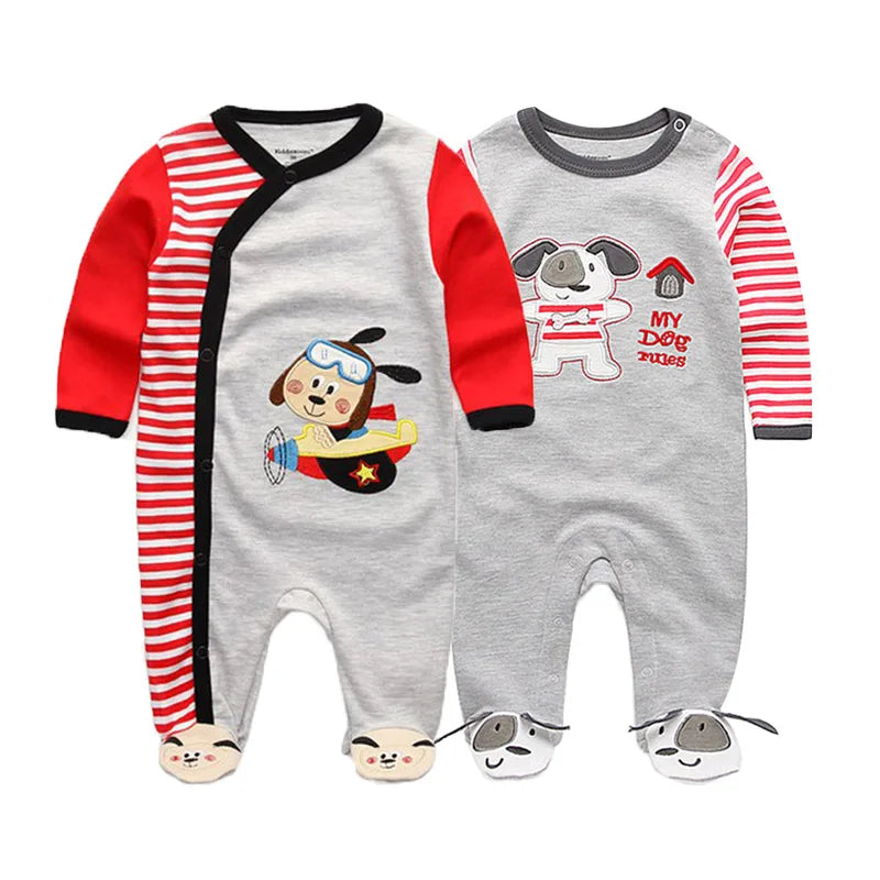 Kiddiezoom 2 Pcs Unisex 0-12Months Cartoon Long Sleeve Baby Boys Girl Romper 100%Cotton Soft Newborn Jumpsuit Infant Clothes
