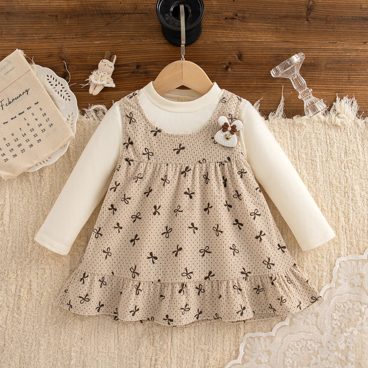 Baby Girl Dress Spring And Autumn Full Printed Bow Long Sleeved Girl Dress Cute Cartoon Girl Princess Dress ﻿