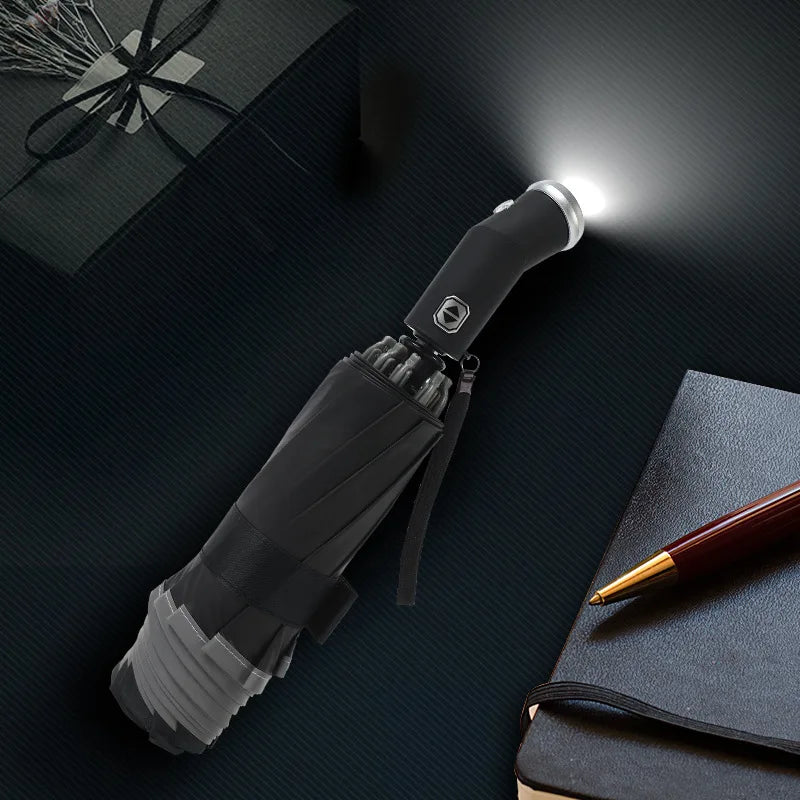 Windproof Automatic Umbrella With LED Flashlight Reflective Stripe Reverse Light Umbrellas Rain Men Women Large Folding Parasol