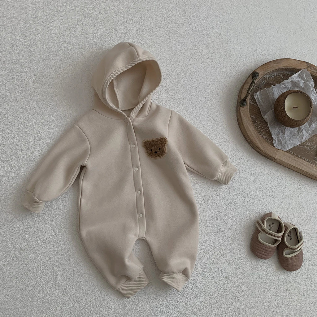 Ready Stock Newborn Baby Clothes Winter Baby Jumpsuit Bear Cute Hooded Baby Bodysuit Warm 0-2 Years Old