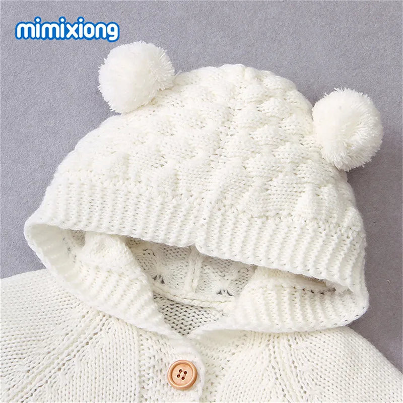 0-24months Newborn Winter Hooded Romper Long Sleeve Knitted Solid Color Jumpsuit For Infant Boys And Girls Knitted Long Playsuit