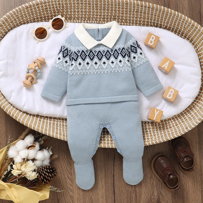 Baby Rompers Fashion Geometry Newborn Boys Jumpsuit Knitted Infant Kid Clothing 0-9M Turn-down Long Sleeve Foot Wrap Autumn Warm