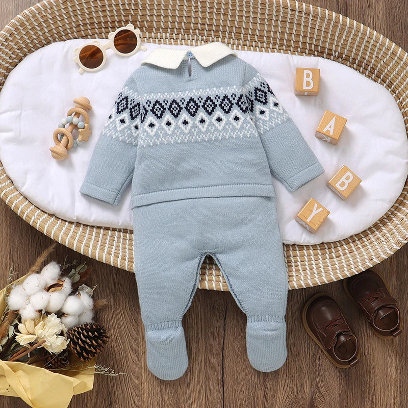 Baby Rompers Fashion Geometry Newborn Boys Jumpsuit Knitted Infant Kid Clothing 0-9M Turn-down Long Sleeve Foot Wrap Autumn Warm