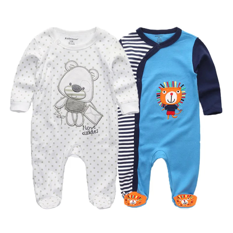 Kiddiezoom 2 Pcs Unisex 0-12Months Cartoon Long Sleeve Baby Boys Girl Romper 100%Cotton Soft Newborn Jumpsuit Infant Clothes