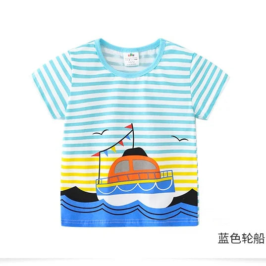2025 Summer 2 3 4 5 6 8 10 Children's Clothing Dinosaur Car Stripe Print Short Sleeve Cotton Basic Tops Kids Boy Cartoon T-Shirt