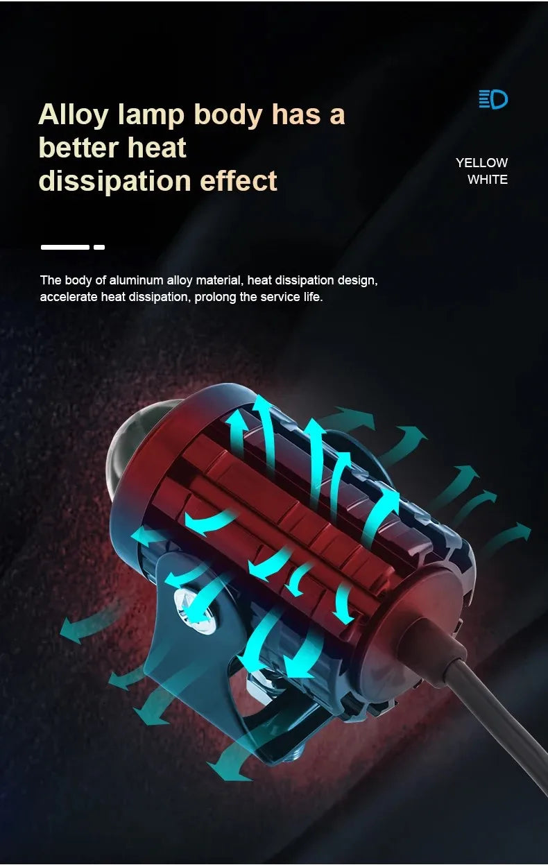 Universal Motorcycle LED Headlight Projector Lens Dual Color ATV Scooter Driving Lamp Fog Light Auxiliary Spotlight Lamp