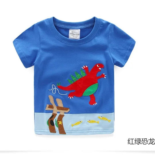 2025 Summer 2 3 4 5 6 8 10 Children's Clothing Dinosaur Car Stripe Print Short Sleeve Cotton Basic Tops Kids Boy Cartoon T-Shirt