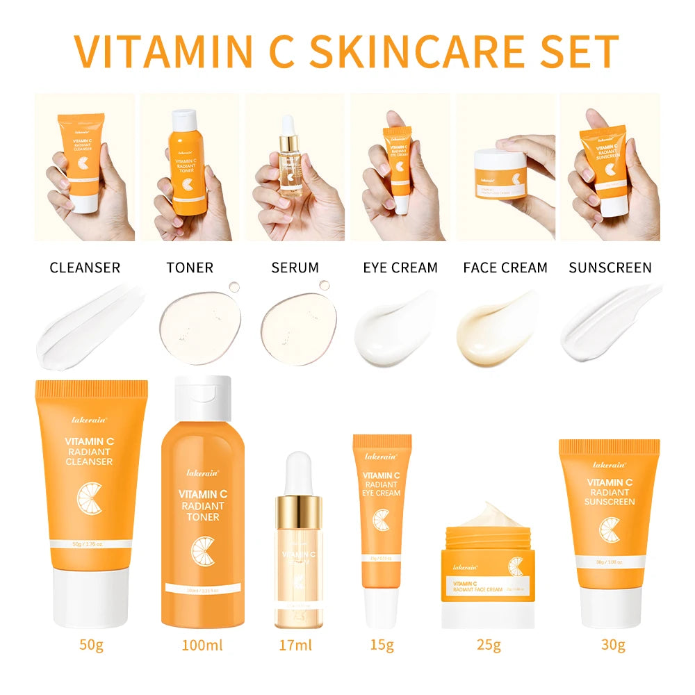 6pcs/set Vitamin C Skin Care Set Deep Cleansing Facial Cleanser Face Cream Moisturizing Anti Wrinkles Face Care Kit Gift Box