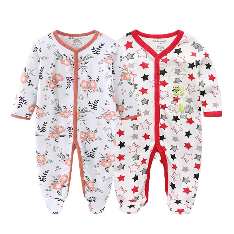 Kiddiezoom 2 Pcs Unisex 0-12Months Cartoon Long Sleeve Baby Boys Girl Romper 100%Cotton Soft Newborn Jumpsuit Infant Clothes